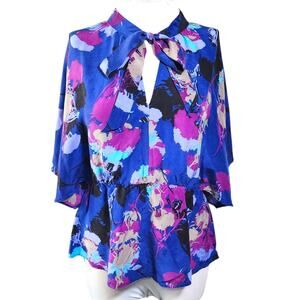 Gemma 100% Silk Blouse Bold Floral Tie Neck Peplum Boho Artistic Womens Small